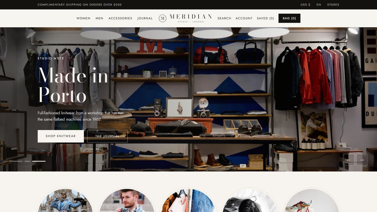 Meridian concept storefront — a 'Made in Porto' editorial hero over a menswear shop interior
